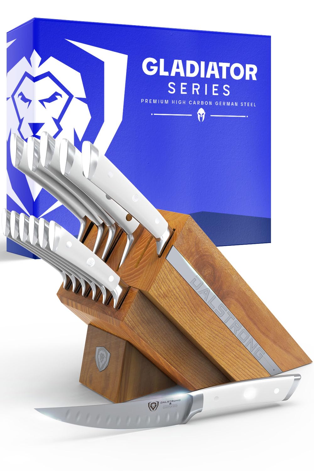 Dalstrong 12-Piece Knife Block Set — White Handles, Hand-Made Manchurian Ash Block — German HC Steel, 56+ HRC, NSF Certified — For Light Kitchens, Gifting & Complete Knife Coverage, Gladiator ELITE