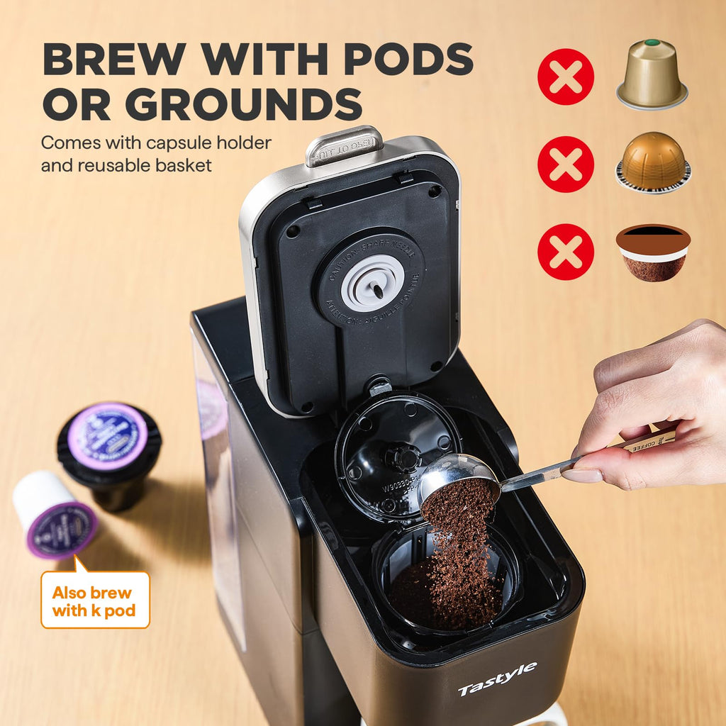 Tastyle Single Serve Coffee Maker for K Cups and Grounds with 3 Brew Styles