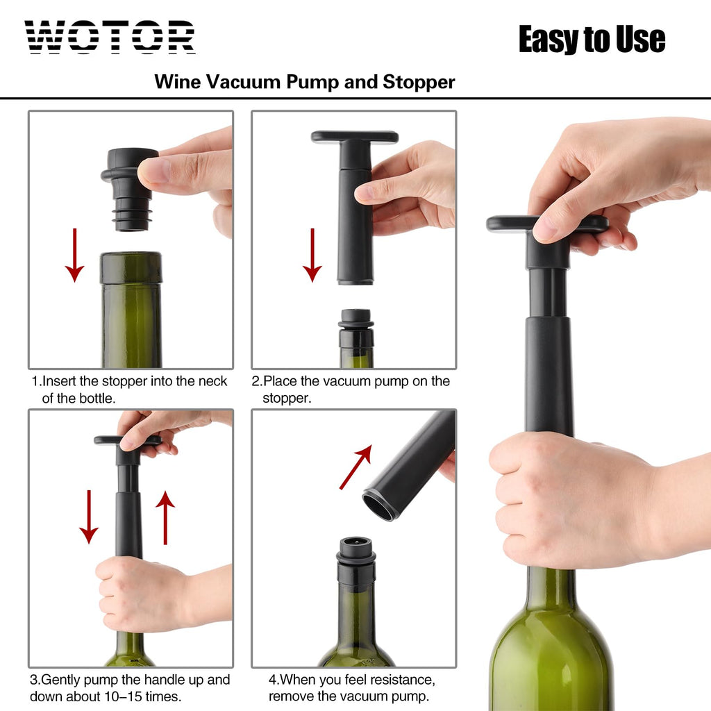 WOTOR Wine Saver Vacuum Pump with 8 Stoppers, Wine Stopper & Preserver, Reusable Bottle Sealer Keeps Fresh, Ideal Accessories Gift (Flat Handle)
