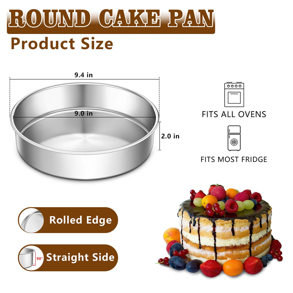 LIANYU Cake Pan 9 Inch Round, Stainless Steel Round Wedding Cake Baking Pan