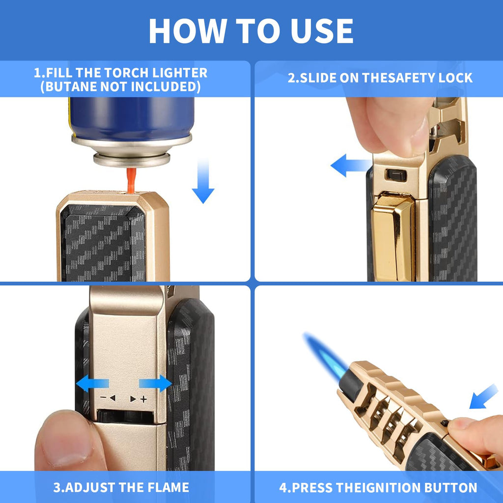 Butane Torch Lighter,Windproof Refillable Kitchen Cooking Torch,Adjustable Flame Solar Beam Blow Torch with Safety Lock for Candle Camping BBQ (Not Included Butane Gas) (Gold)
