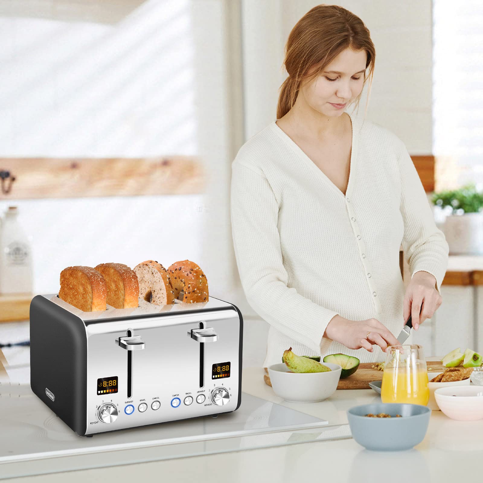 SEEDEEM 4 Slice Stainless Steel Toaster, LCD Display, Wide Slots