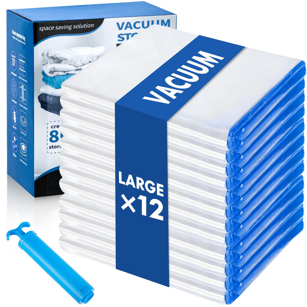 Vacuum Storage Bags with Hand Pump, 12 Large Compression Space Saver Vacuum Seal Bags for Clothing, Travel, Luggage, Comforters, Blankets, Pillows, Bedding, Duvets