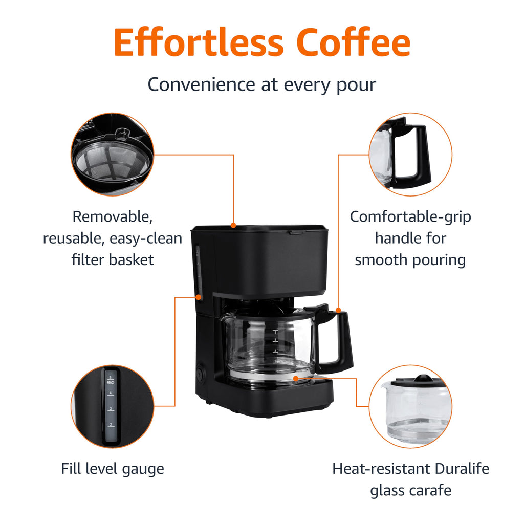 Amazon Basics 5 Cup Drip Coffee Maker with Glass Coffee Pot (0.8 Qt), Auto Shut-off, Auto Pause, Removable Filter Basket, Matte Black