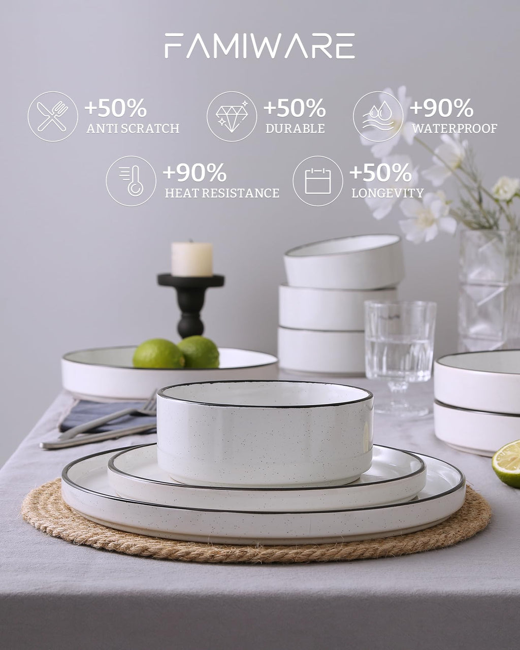 Famiware Nebula 18-Piece Dinnerware Set, White with Black Rim