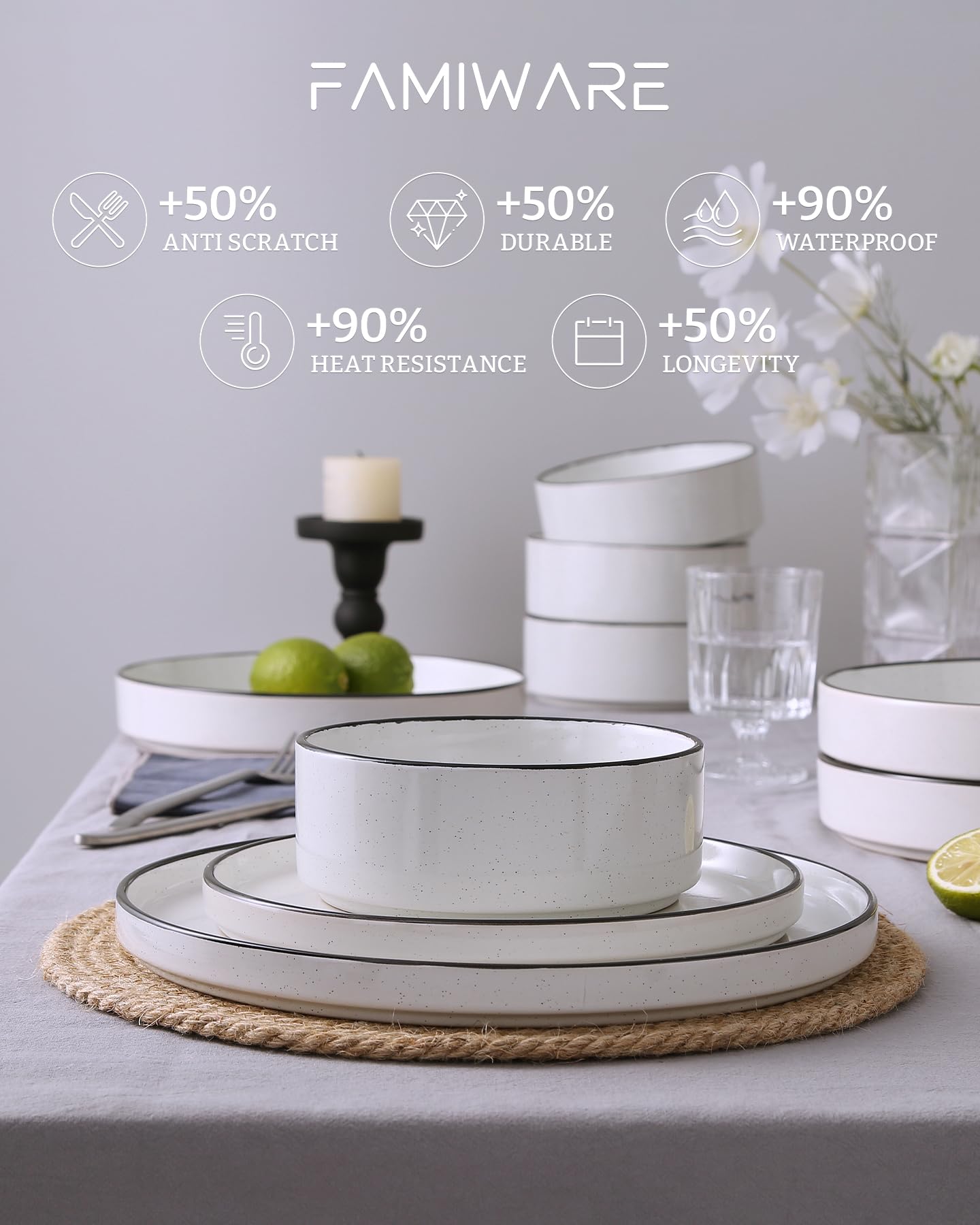 Famiware Nebula 18-Piece Dinnerware Set, White with Black Rim