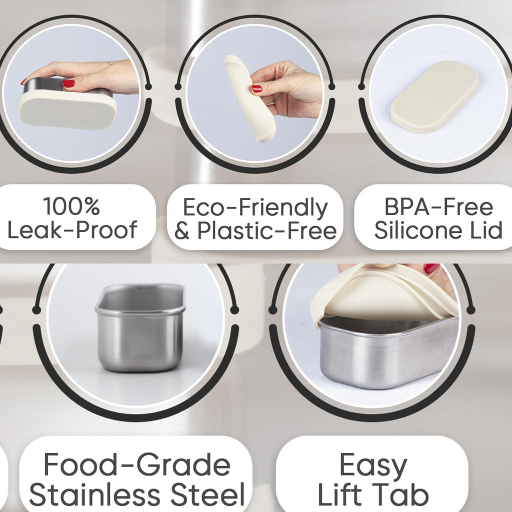 Flexibento - Leak proof Stainless Steel Lunch Box Containers, Sandwich and Snack Containers with Silicone Lids Metal Lunch Box, Bento Box, Set of Five, Vanilla, 1*25 OZ+ 2*13 OZ + 2 *2 OZ