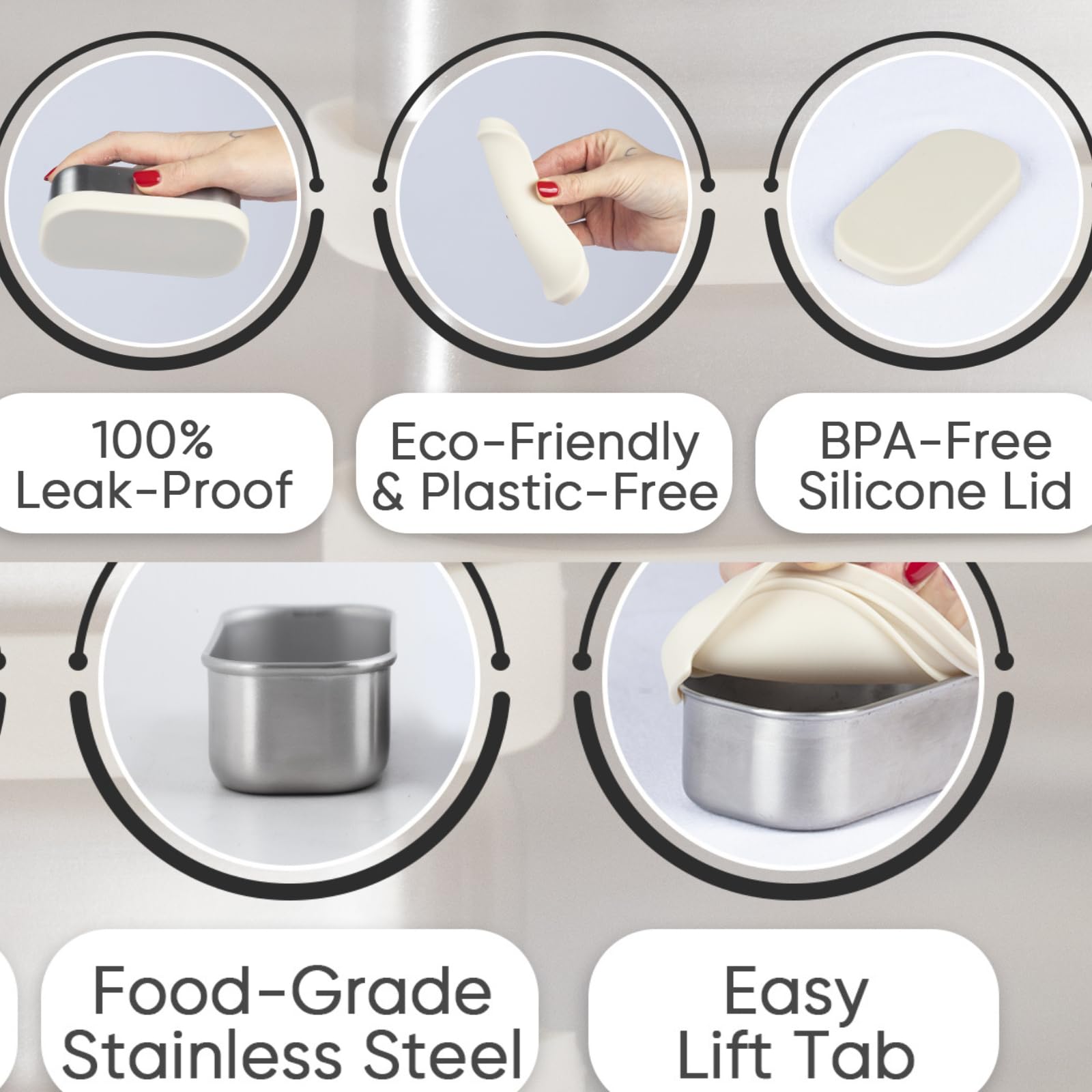 Flexibento - Leak proof Stainless Steel Lunch Box Containers, Sandwich and Snack Containers with Silicone Lids Metal Lunch Box, Bento Box, Set of Five, Vanilla, 1*25 OZ+ 2*13 OZ + 2 *2 OZ