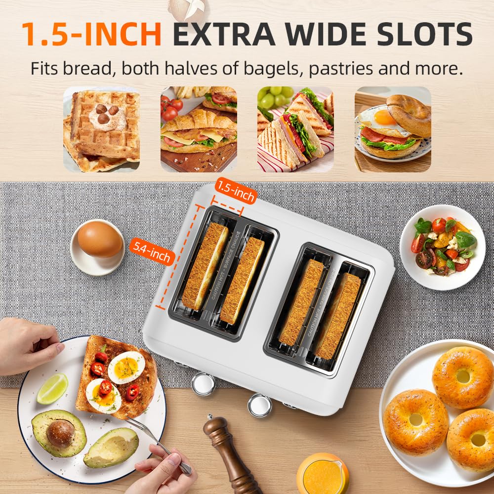 RAMJOY White Toaster 4 Slice, Dual Independent Controls, Extra Wide Slot Toasters for Bagel, Bread, Waffles, 7 Shade Settings, 4 Main Functions, Removable Crumb Tray, 1500 Watts, White Stainless Steel