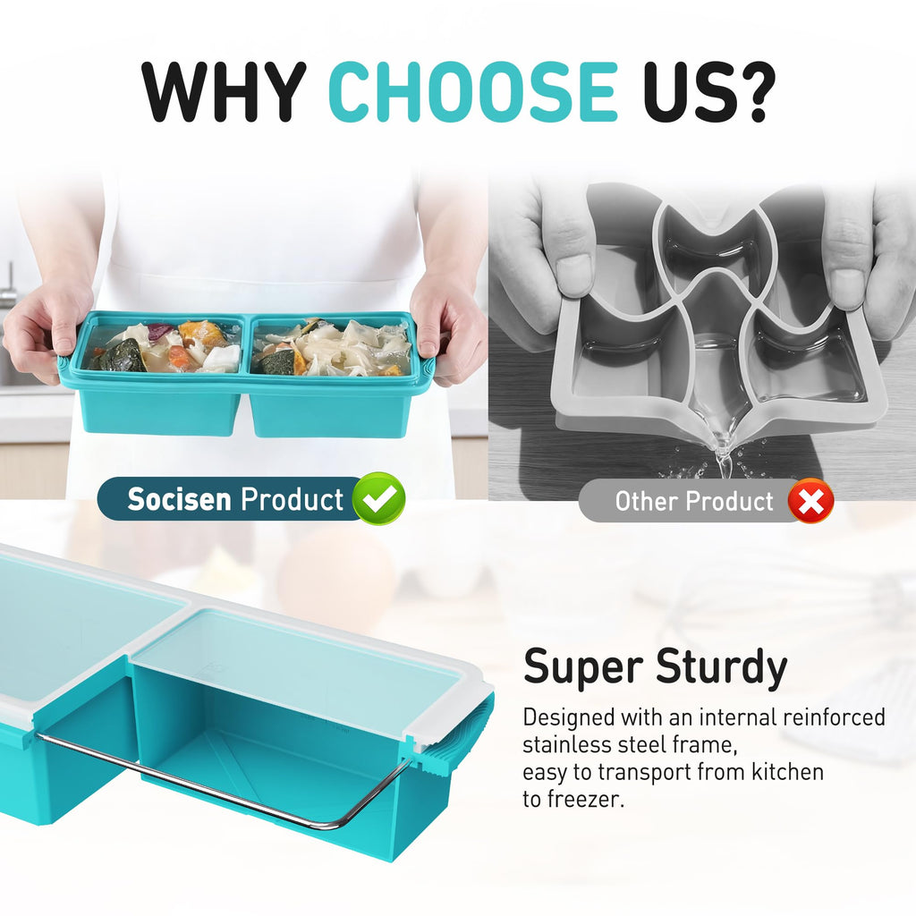 Silicone Freezer Tray with Lid Soup Freezer Container Molds with Steel Reinforced Rim Ice Cube Freezer Molds for Soup, Sauce, Leftovers, Homemade Meal Prep Containers Portion Control Food Storage