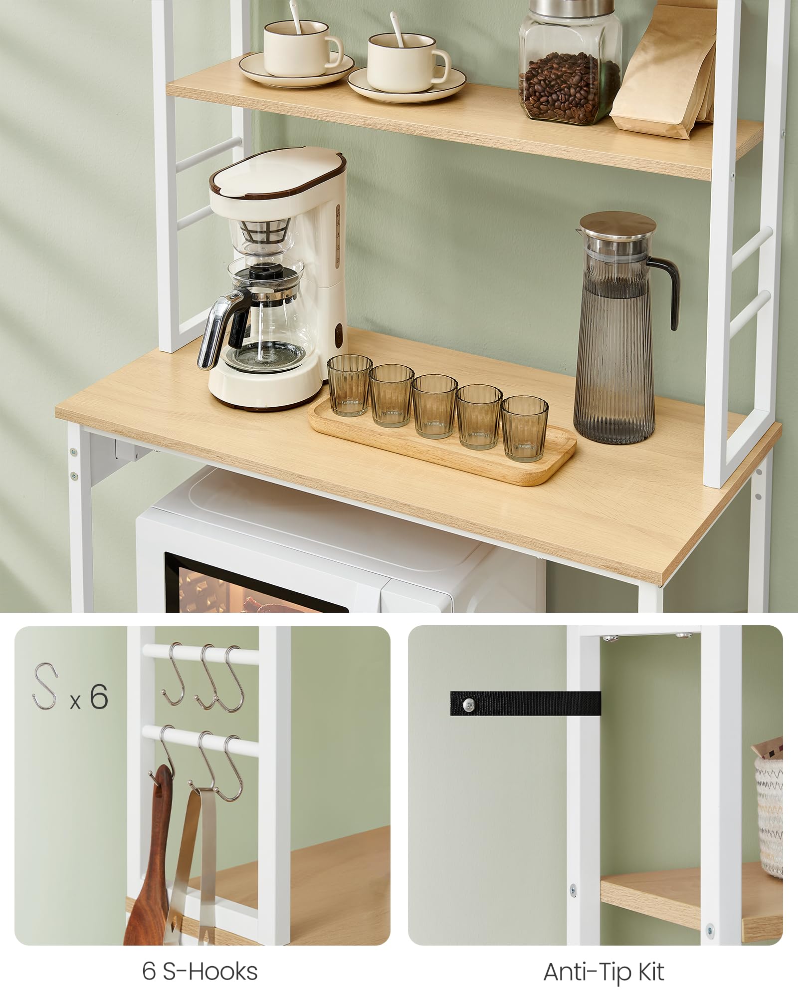 VASAGLE Bakers Rack with Power Outlet, 31.5 Inches Coffee Bar for Kitchen with Storage, 6-Tier Kitchen Shelves with 6 Hooks, Microwave Stand, Modern, Golden Oak and Cloud White UKKS119Y01