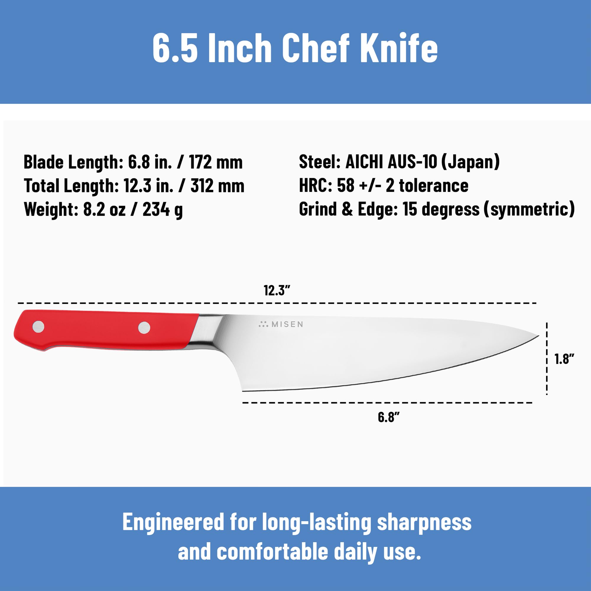 Misen 6.8" Chef Knife – High Carbon Japanese AUS-10 Stainless Steel – Hybrid German & Japanese Blade – Precision Kitchen Knife for Professionals & Home Cooks – Ultimate Cutting Performance - Red