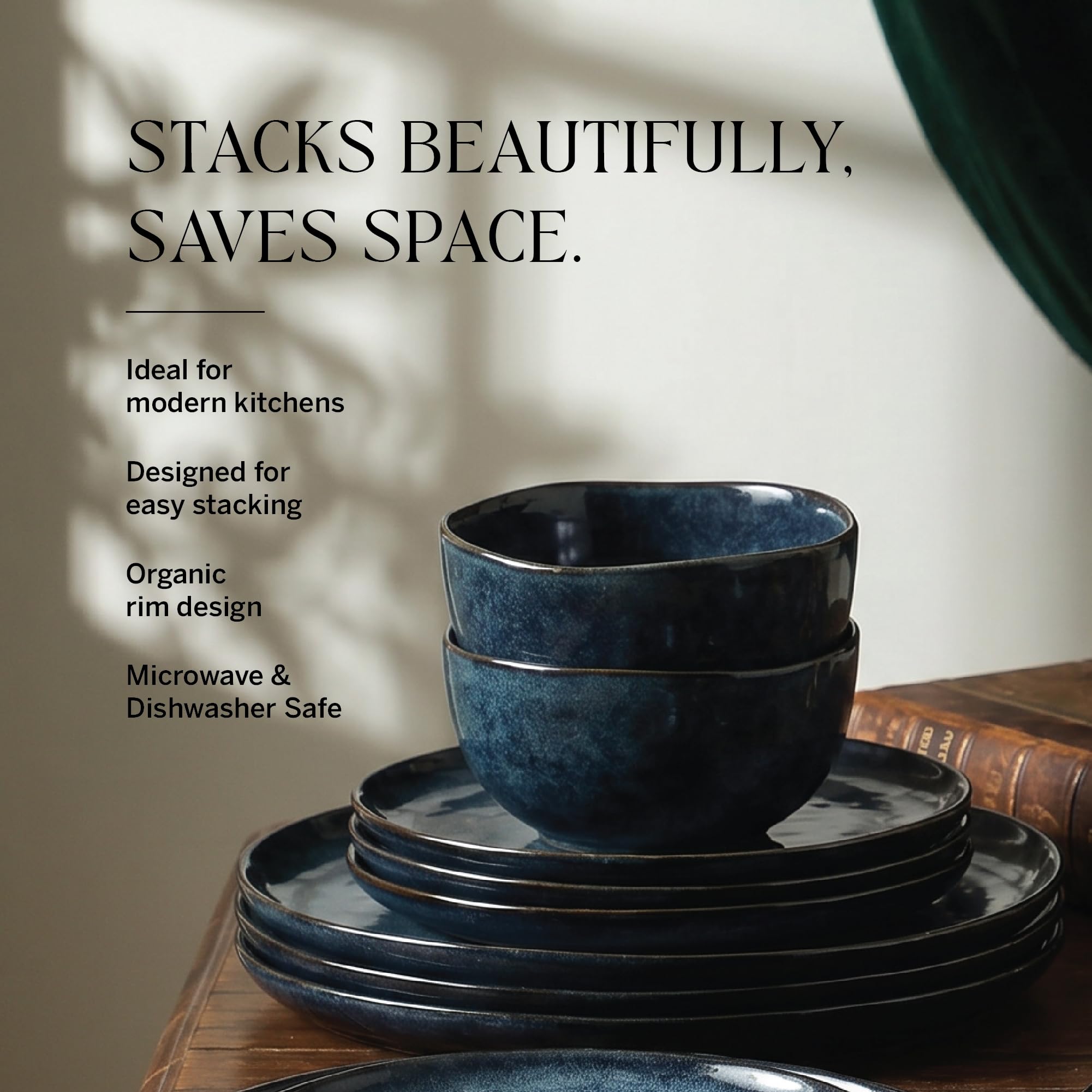 Stone Lain Mirella 24-Piece Stoneware Dinnerware Set, Service for 8 – Reactive Glaze, Deep Blue – Includes Dinner Plates, Salad Plates, and Bowls – Modern Organic Design