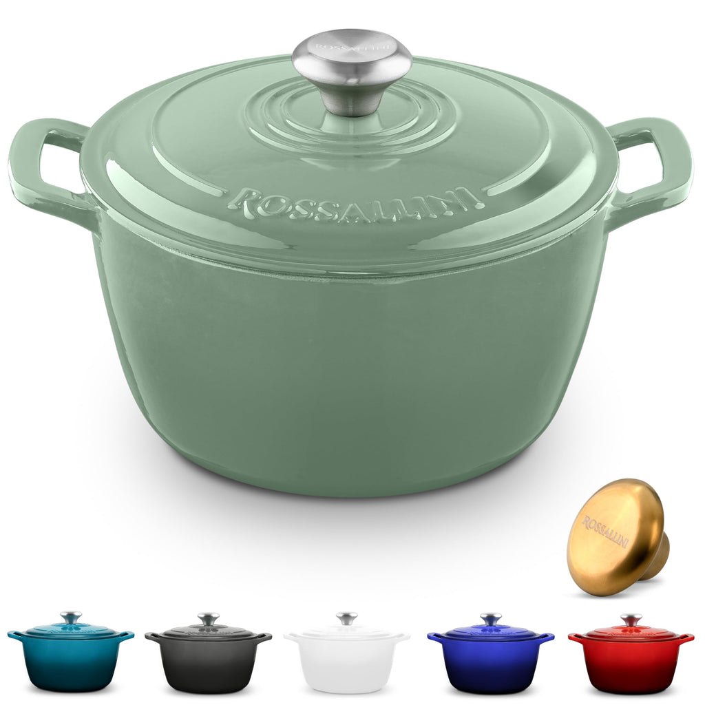 ROSSALLINI Signature Enameled Cast Iron Dutch Oven, Non-Stick Serving Pot with Tight Fitting Lid for Perfect Roasting, Baking, Sauteing, and Bread Making | 7.4Q (7L) - Sage