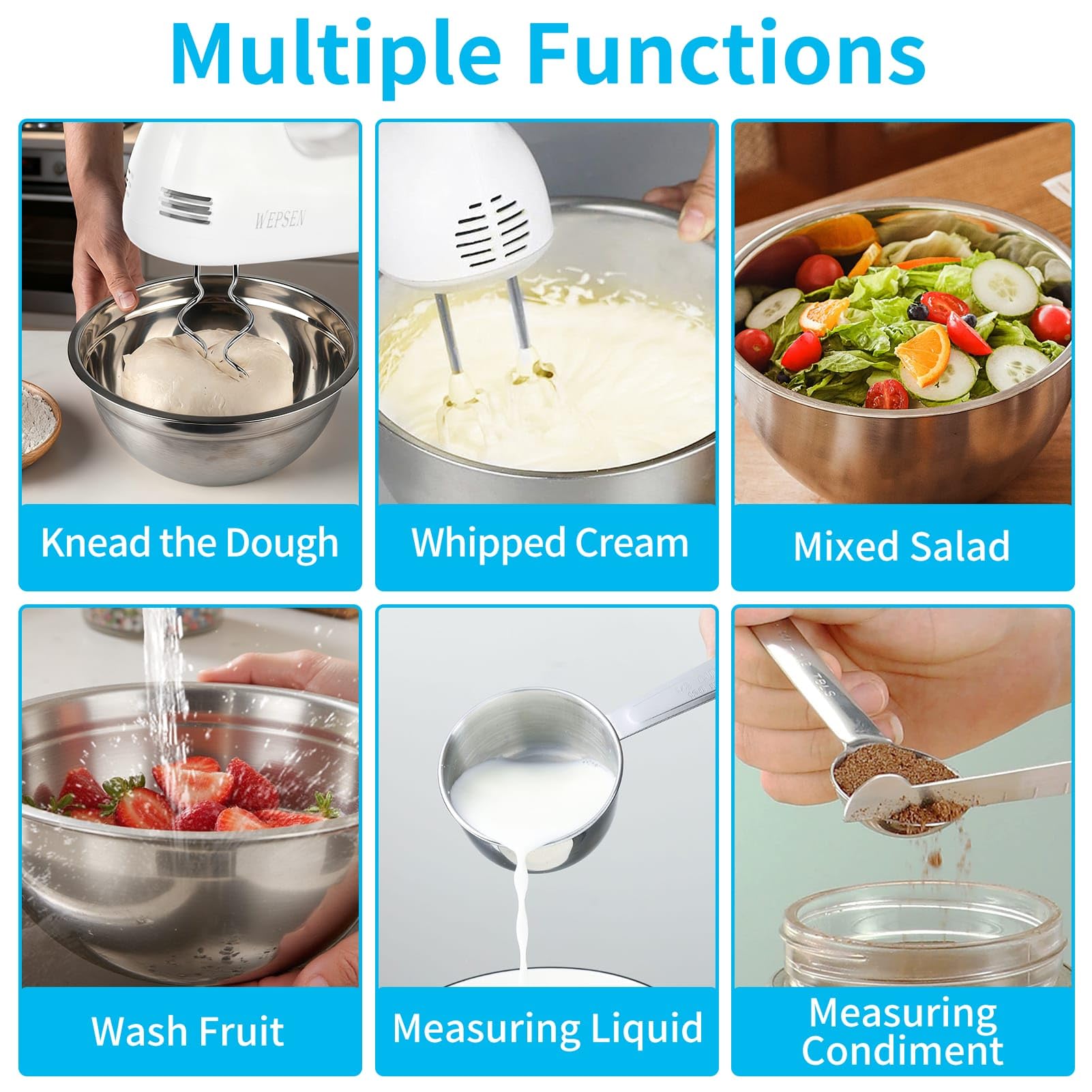 WEPSEN Hand Mixer Electric Mixing Bowls Set, 5 Speeds Handheld Mixer with 4 Nesting Stainless Steel Mixing Bowl, Measuring Cups Spoons 200W Kitchen Blender Whisk Beater Baking Supplies For Beginner
