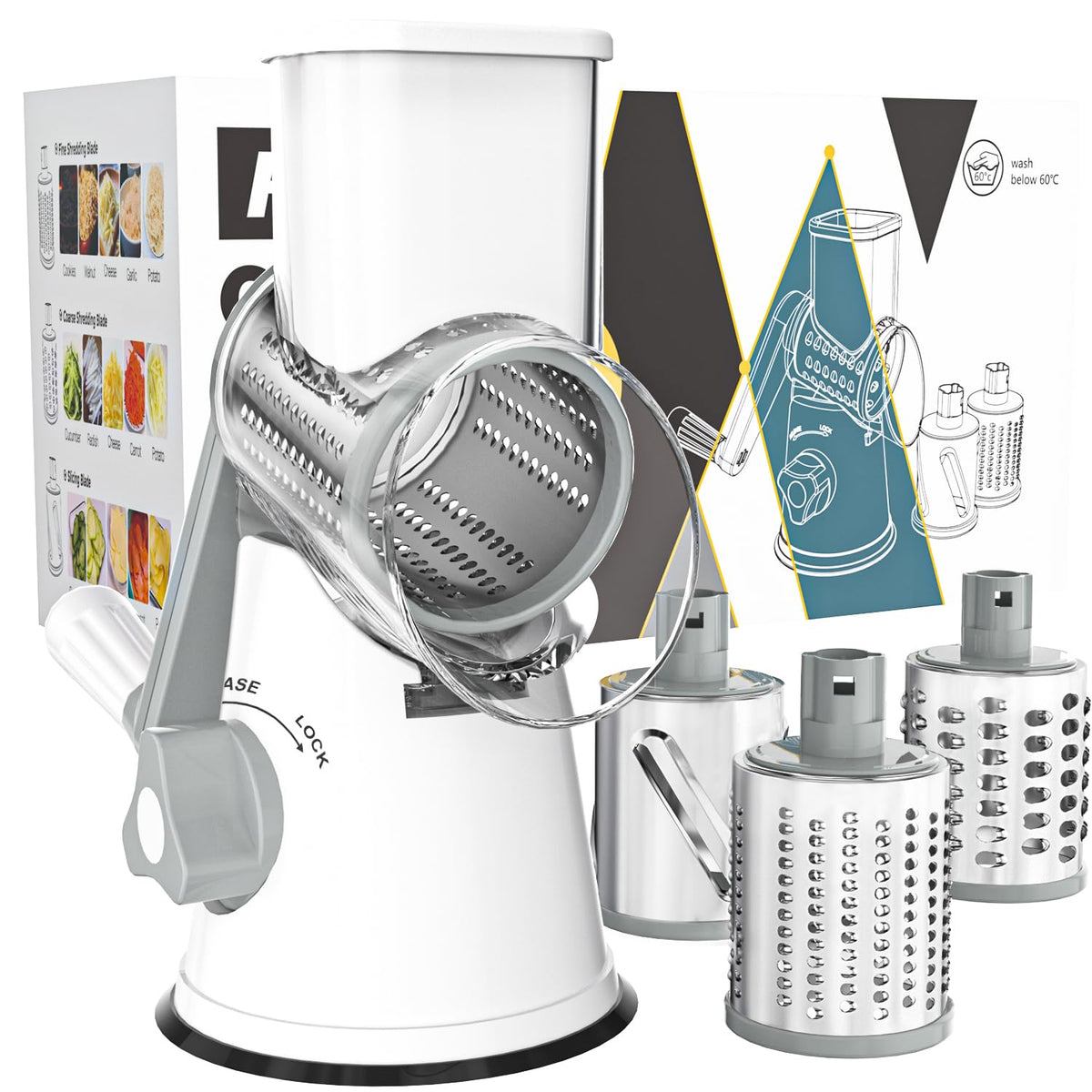 Cambom Rotary Cheese Grater Hand Crank Cheese Shredder for Fresh Cheese, Vegetable, Nuts,Non-slip Suction Base，Three Blades,Blue
