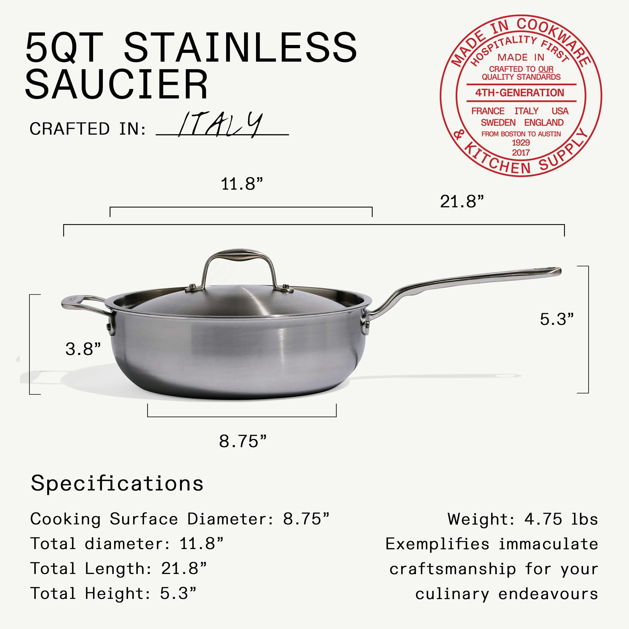 Made In Cookware - 5 Quart Stainless Steel Saucier Pan - 5 Ply Stainless Clad - Professional Cookware - Crafted in Italy - Induction Compatible