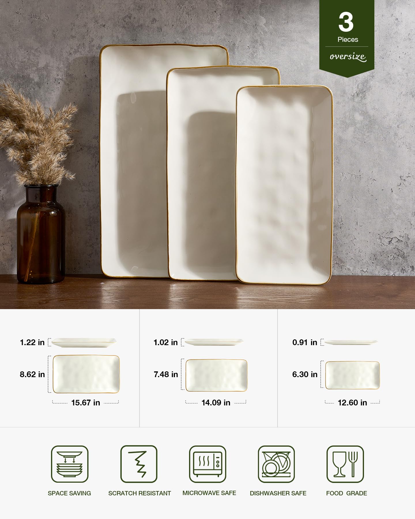 Famiware Serving Platters Set of 3 Sizes - Rectangular, Vanilla White