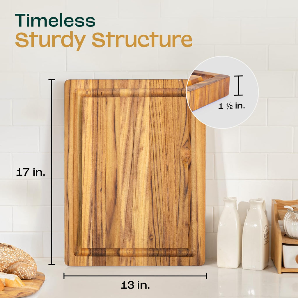 Yes4All Solid Teak Cutting Boards for Kitchen, [17''L x 13''W x 1.5” Thick] Medium Edge Grain Butcher Block Cutting Board, Wood Cutting Boards with Juice Grooves and Easy Grip Handle