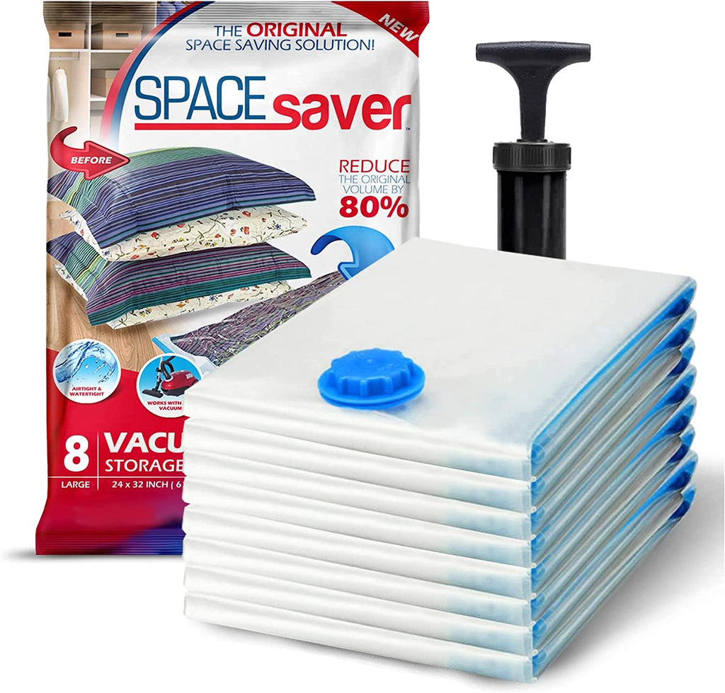 Spacesaver Large Vacuum Storage Bags for Comforters, Blankets & Clothes – Vacuum Sealed Compression Bags with Hand Pump – Space Saver Storage Bags for Bedding, Moving, Travel & Organization (8 Pack)