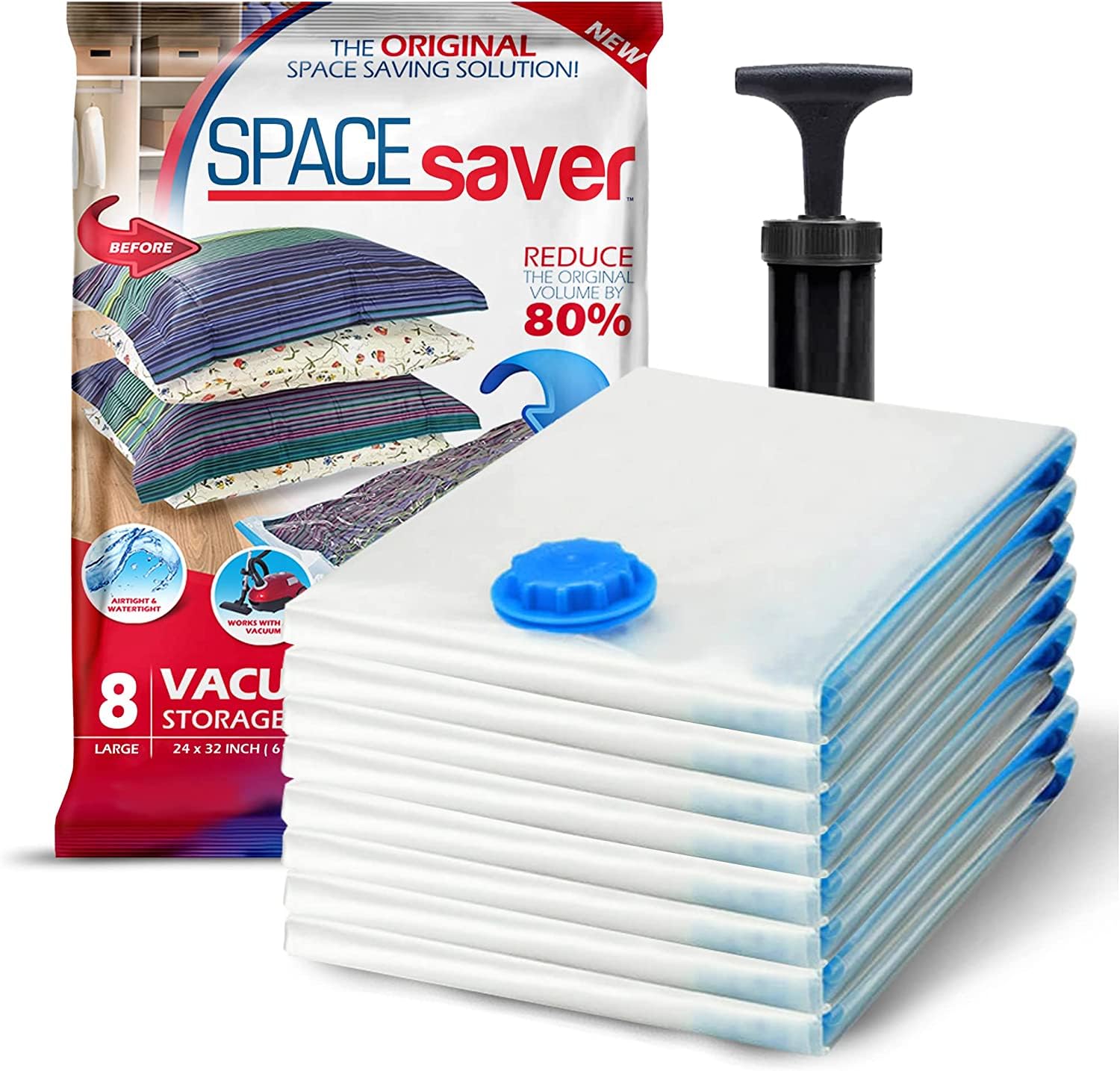 Spacesaver Large Vacuum Storage Bags for Comforters, Blankets & Clothes – Vacuum Sealed Compression Bags with Hand Pump – Space Saver Storage Bags for Bedding, Moving, Travel & Organization (8 Pack)
