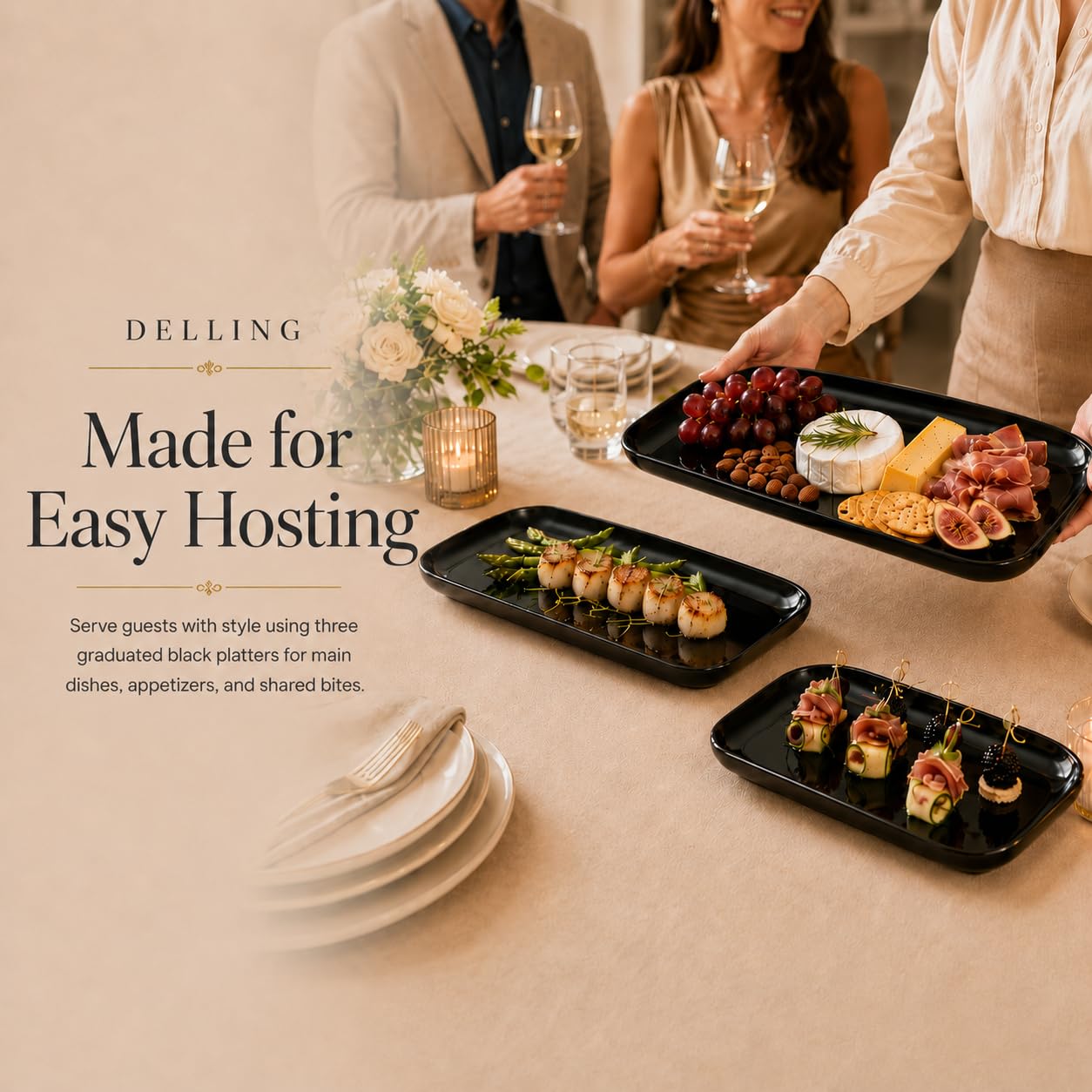 DELLING Large Serving Platter Set of 3, 16/14/12 Inch Porcelain Serving Trays for Party - Black Ceramic Rectangular Platters for Entertaining,Platter for Thanksgiving Christmas, Dishwasher Oven Safe