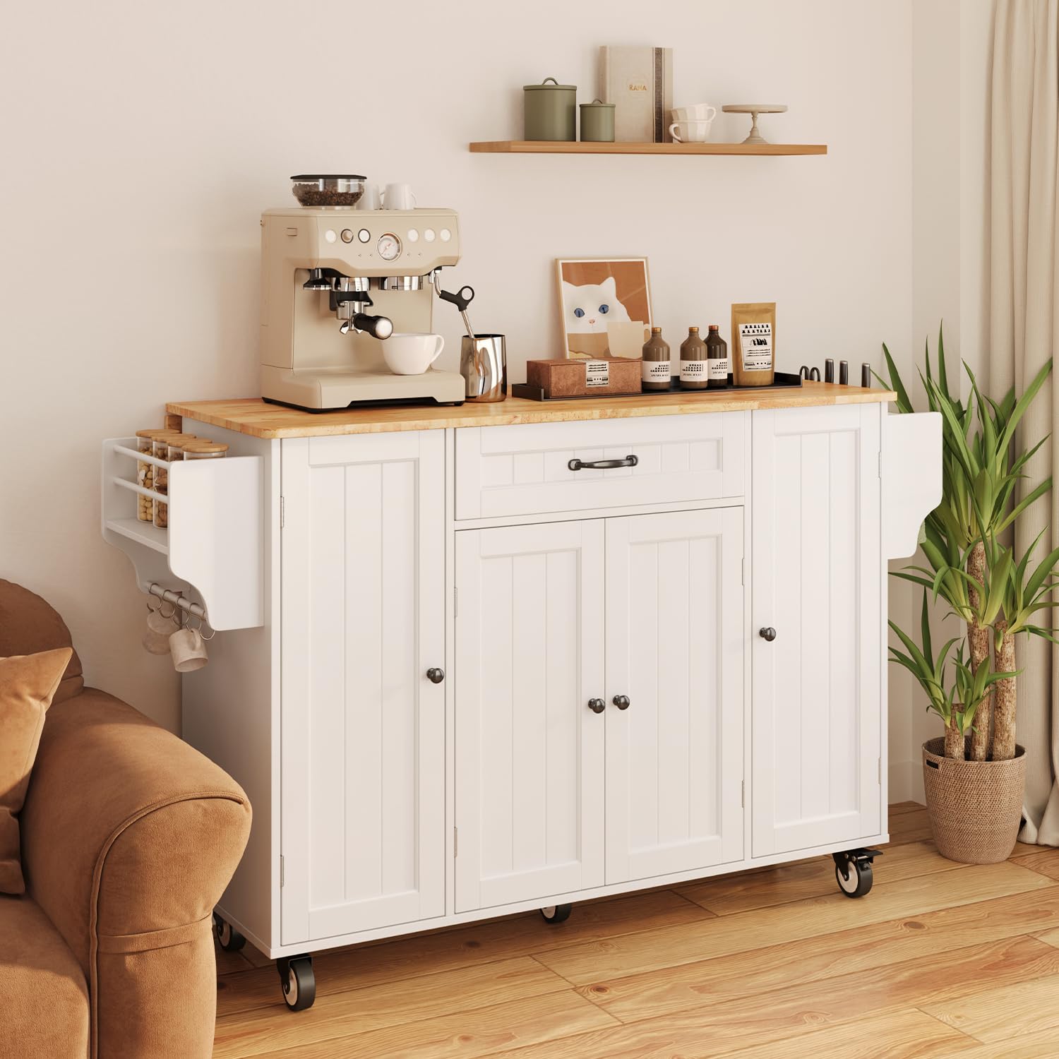 Ahomly 47.6" Kitchen Island with Storage, Drop Leaf, Knife Holder, White