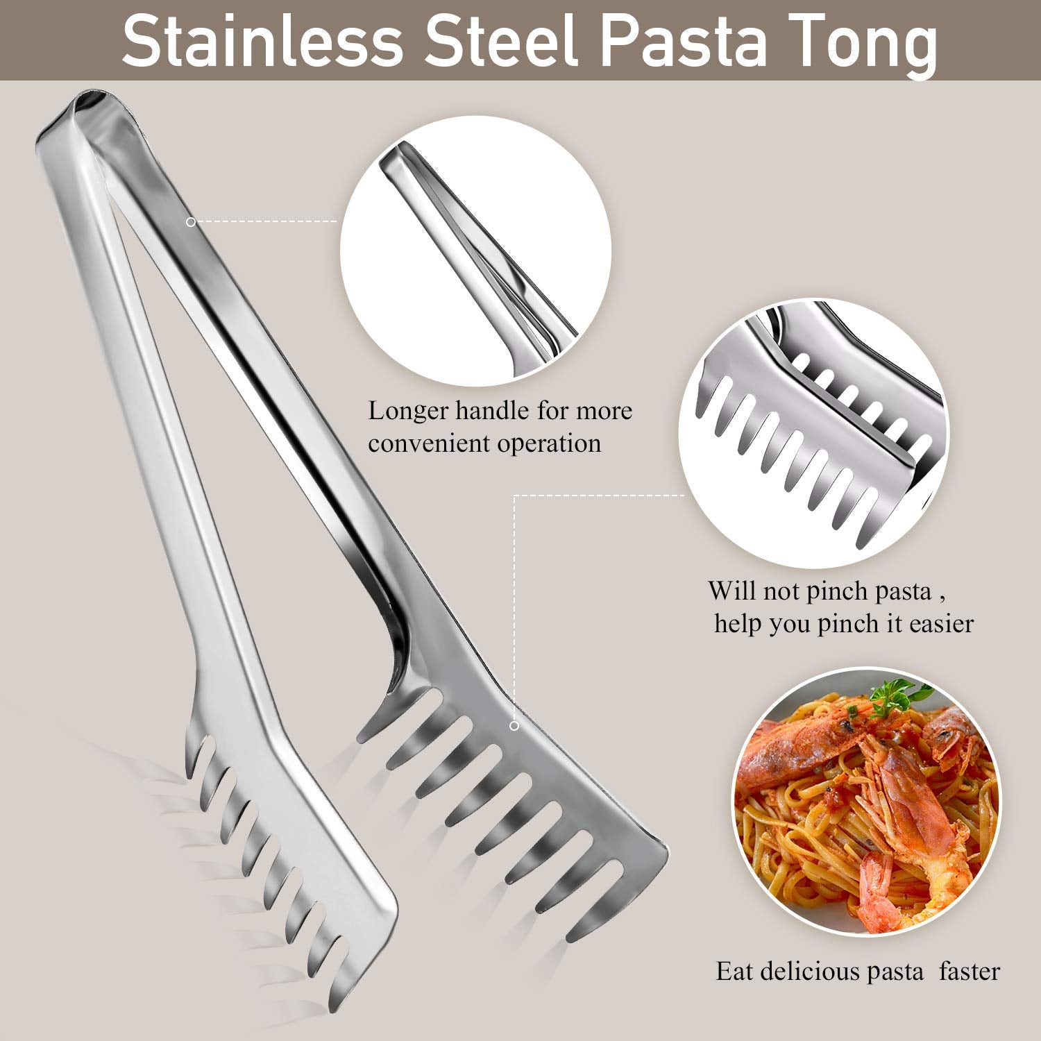 Patelai Stainless Steel Spaghetti Spoon and Pasta Tongs Set, Long Handle Noodle Server Tools with Drain Holes, Non-slip Grip for Cooking, Serving Pasta and Noodles(Sliver)
