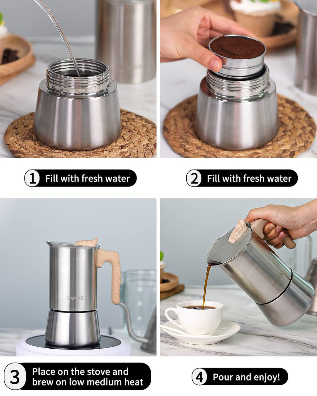 Sivaphe4 cups Stainless Steel Stovetop Espresso Coffee Maker | Induction Support 10 oz Intalian Moka Pot | Durable Cuban Coffee Maker 200ml(1 Cup=50ml)