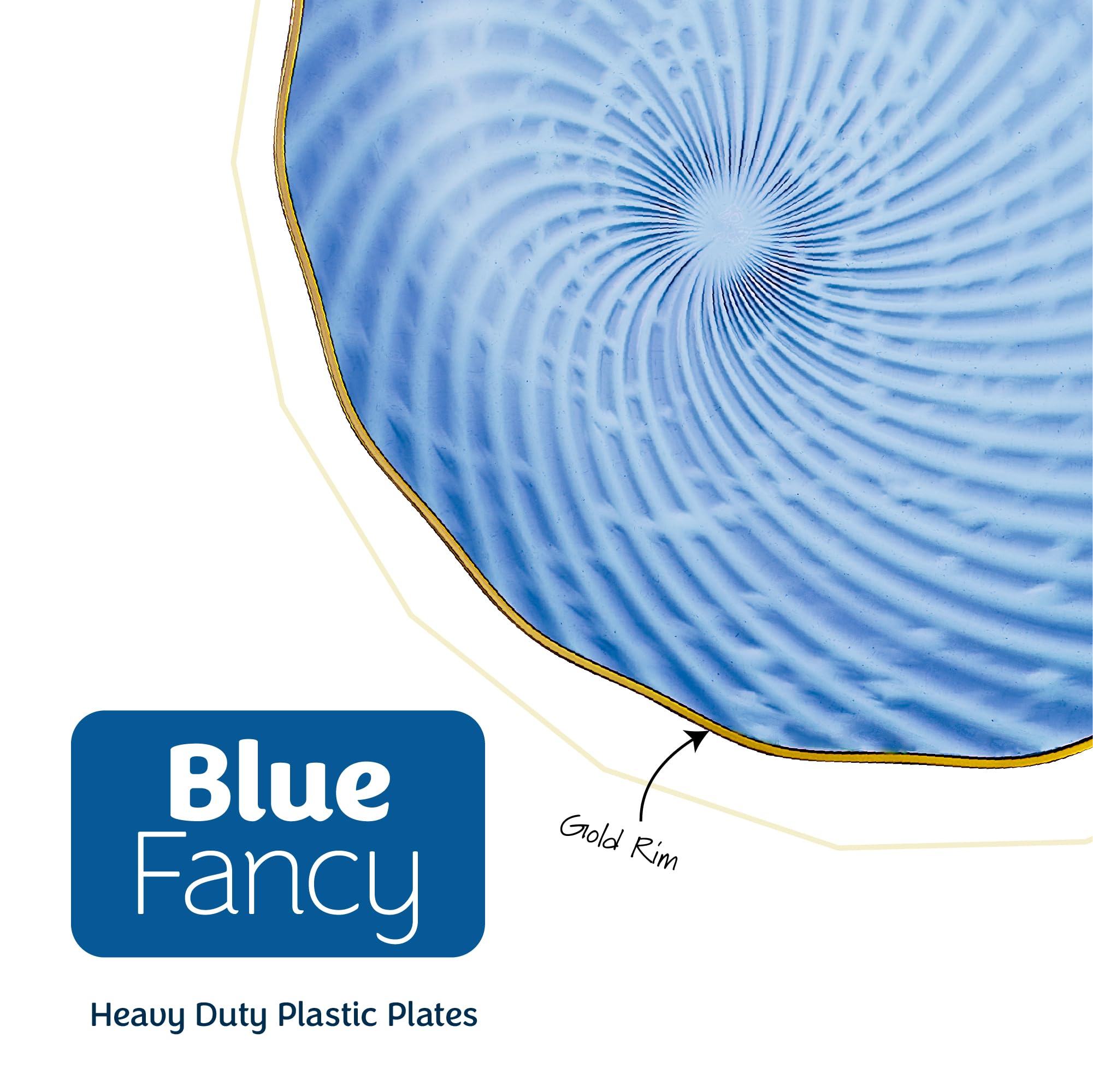 PLASTICPRO 60 Pack Plastic Plates Set of 30-10 inch Plates and 30-7 inch Plate, Elegant Clear Blue Spiral and Gold Rim Disposable Fancy Plate Premium Heavyweight