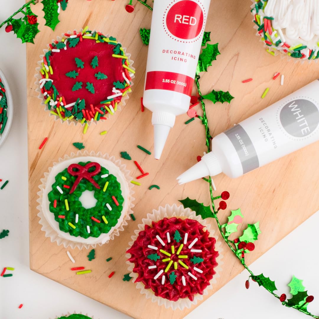 Sweets Indeed Christmas Cookie Decorating Kit – 11.31 oz | 3 Frosting Tubes (Red, Green & White) + 4 Decorating Tips + 2.5 oz Holiday Sprinkles for Christmas Cookies, Cupcakes & Cakes