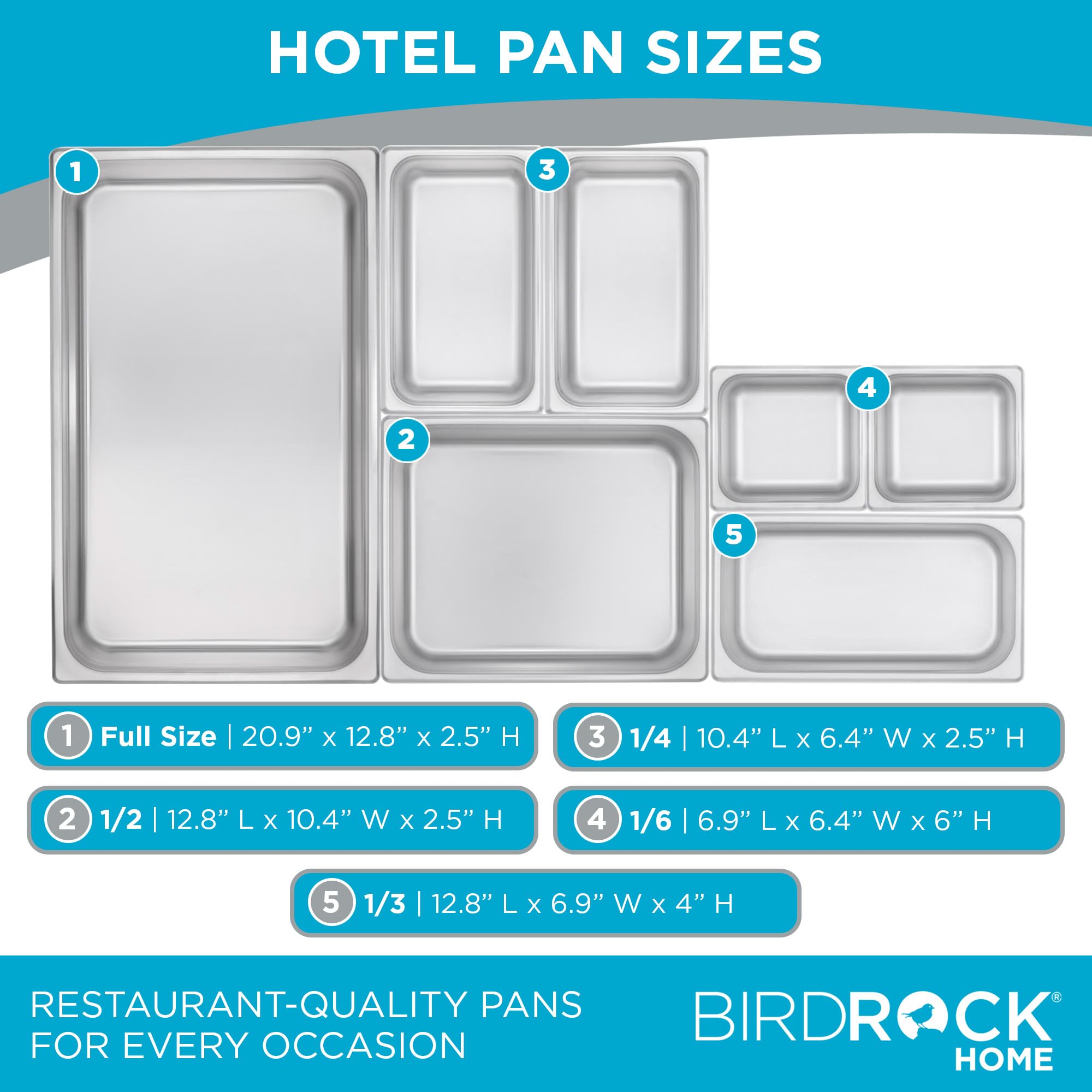 BIRDROCK HOME Stainless Steel Steam Table Pan - Hotel, Restaurant & Catering Supplies - 24 Gauge Steel, 2 qt Capacity - Meal Prep, Cooking, & Food Storage Container - 2.5" Depth, 1/4-Size (6 Pack)