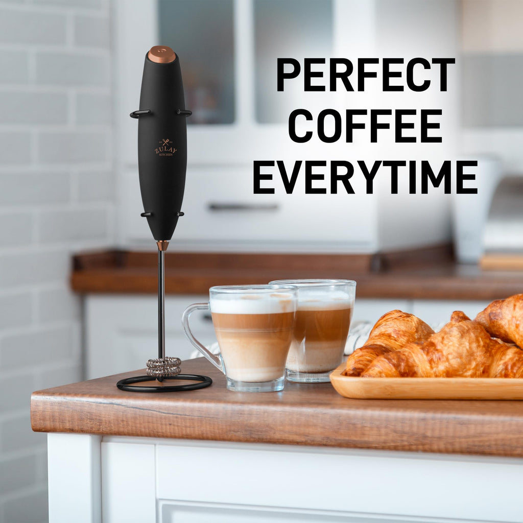 Zulay Kitchen Powerful Milk Frother Wand With Duracell Batteries - Ultra Fast Handheld Drink Mixer - Electric Whisk Foam Maker for Coffee, Lattes, Cappuccino & Matcha - Double Whisk - Black Copper
