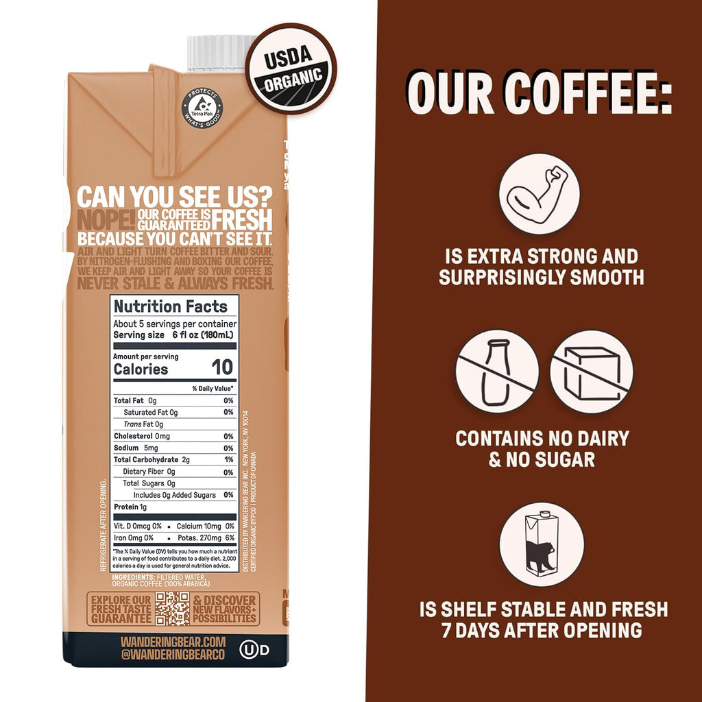 Wandering Bear Straight Black Organic Cold Brew Coffee - 32 fl oz, 6 Pack