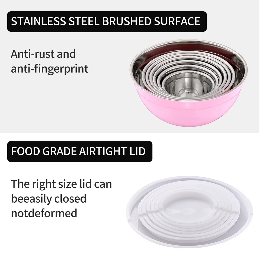 LKTDYMEG Pink Mixing Bowls with Lids Set of 7, Stainless Steel Nesting Bowl with Khaki Lid for Non-slip Mixing Prepping Storing Serving, 7 Sizes-7/3.6/2.7/2.1/1.5/1/0.8 QT