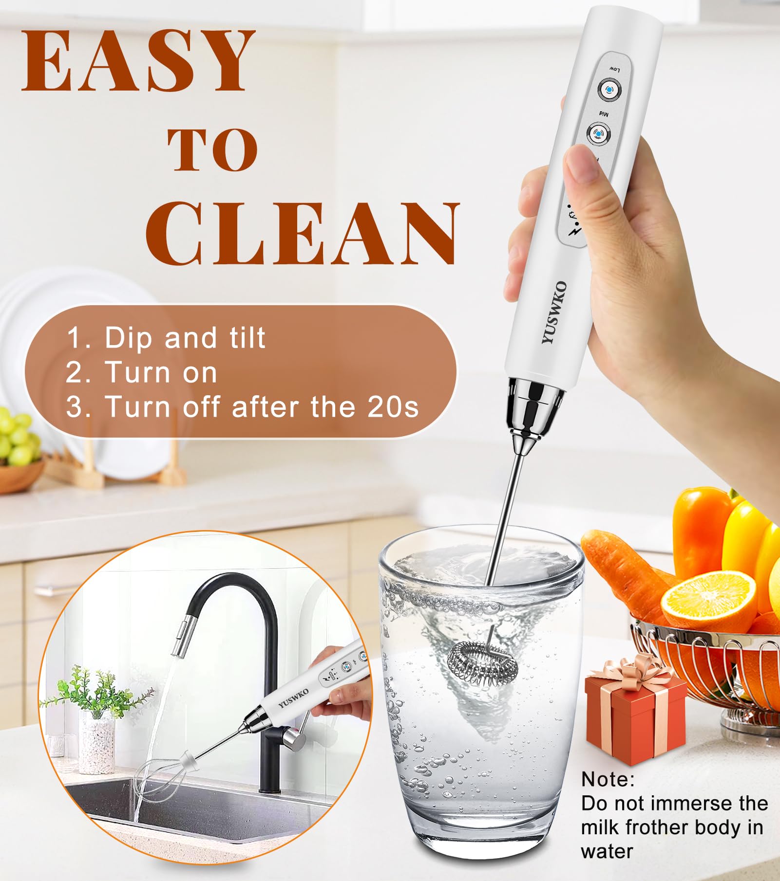 YUSWKO Handheld Milk Frother Wand for Coffee, Rechargeable Electric Whisk with 3 Heads 3 Speeds Drink Mixer Coffee Frother For Latte, Cappuccino, Hot Chocolate, Egg, White with Holder