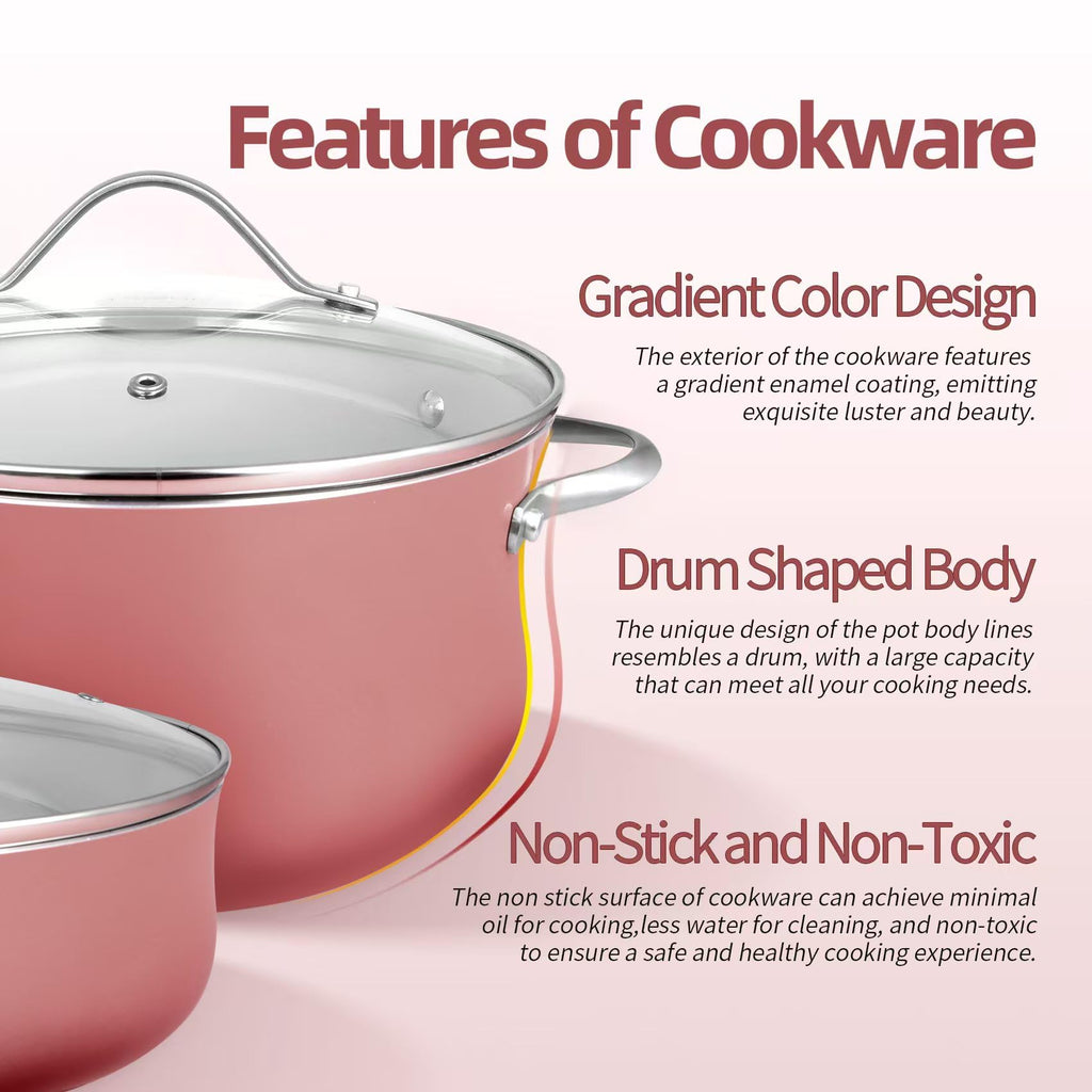 ONGIFT Kitchen Pots and Pans Set Non Stick, 11 Pcs Ceramic Cookware Set with Stay-Cool Handle, Pot and Pan Set NonToxic PFOA/PFAS Free, Dishwasher/Oven Safe, Evenly Heats, Enamel Exterior - Coral Red
