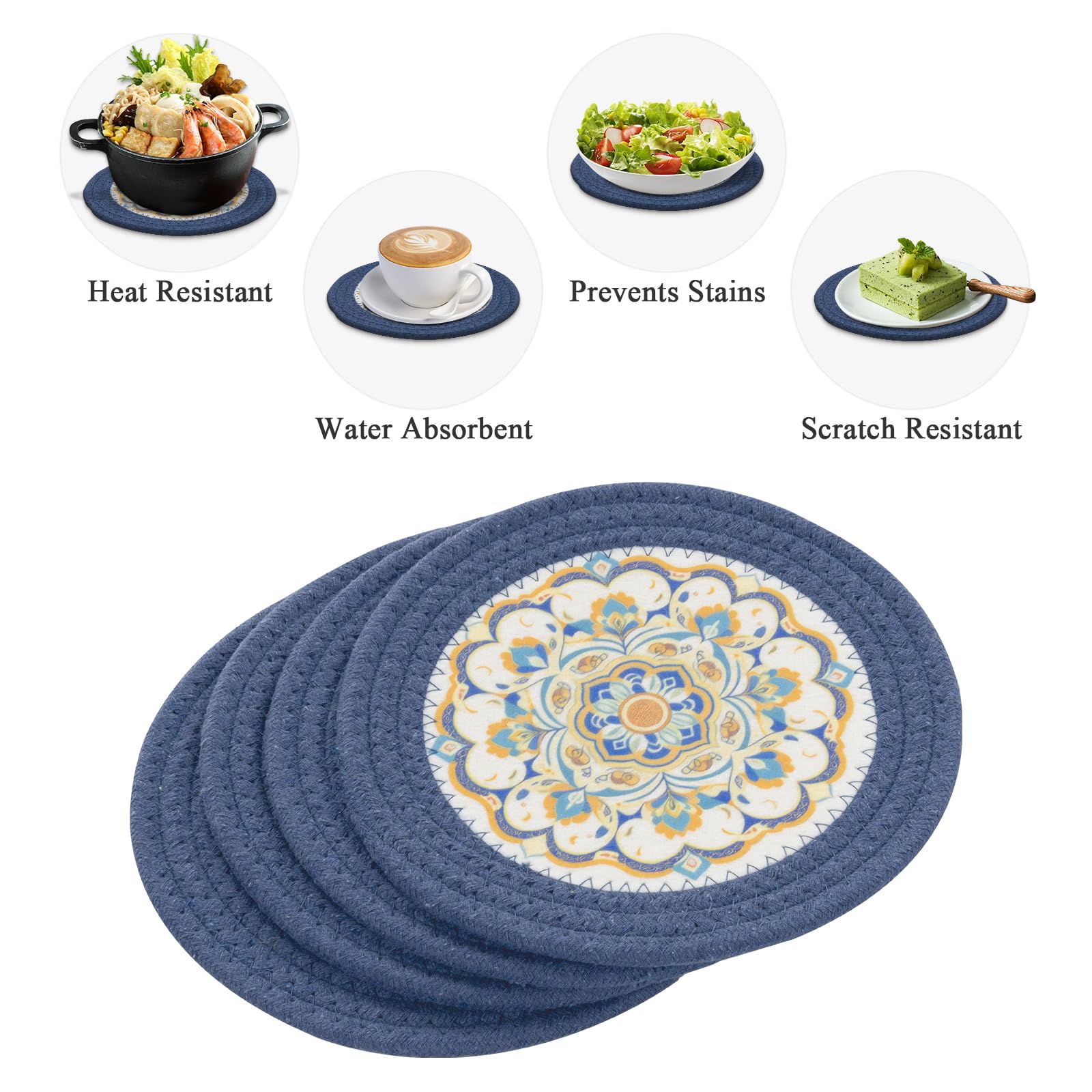 SHACOS 8 Inches Trivets for Hot Dishes, Floral Pattern Trivet Mats 4 Pieces