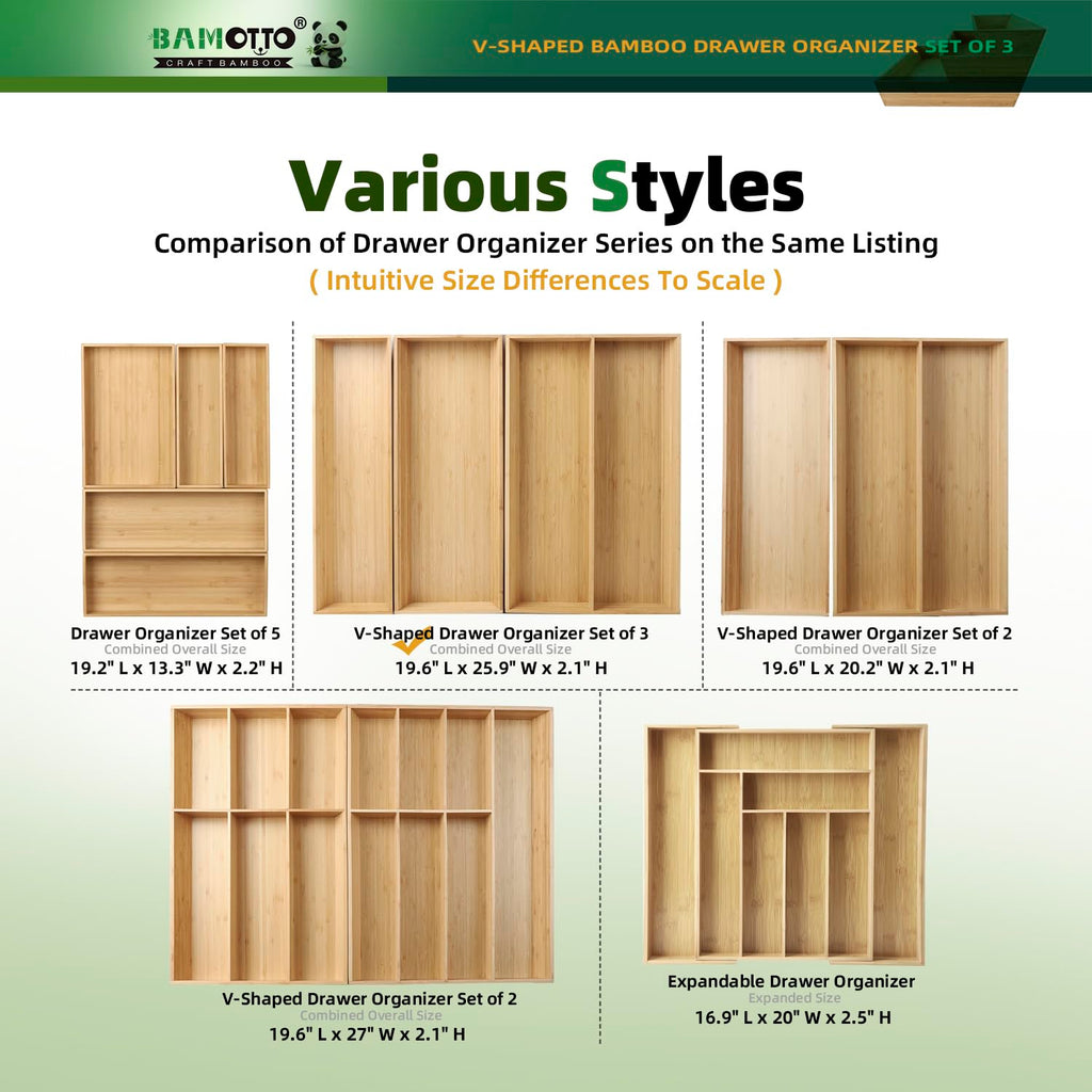 BAMOTTO CRAFTBAMBOO Large Long V-Shaped Bamboo Drawer Organizer Set of 3