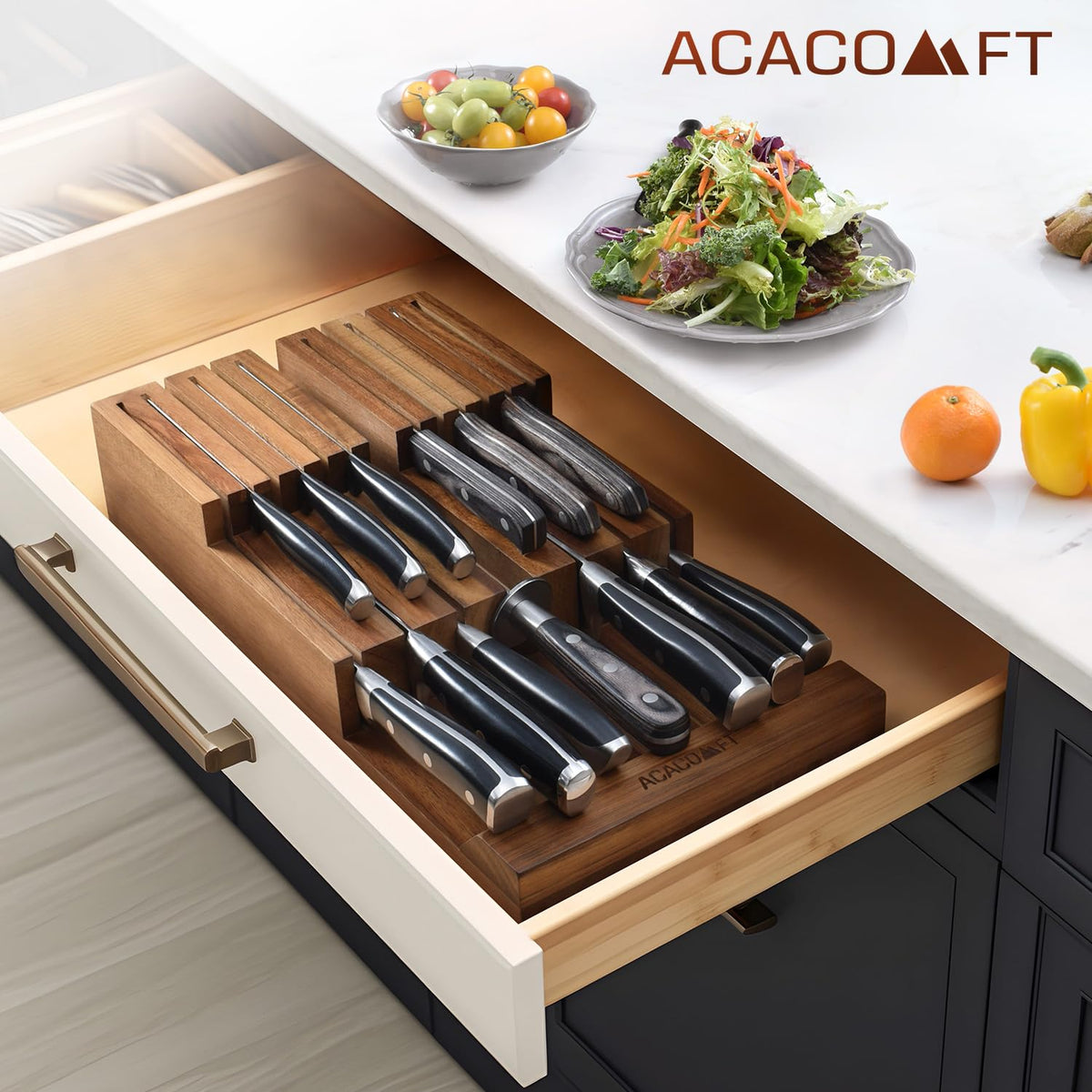 In-Drawer Knife Block without Knives, Acacia Wood Knife Drawer Organizer