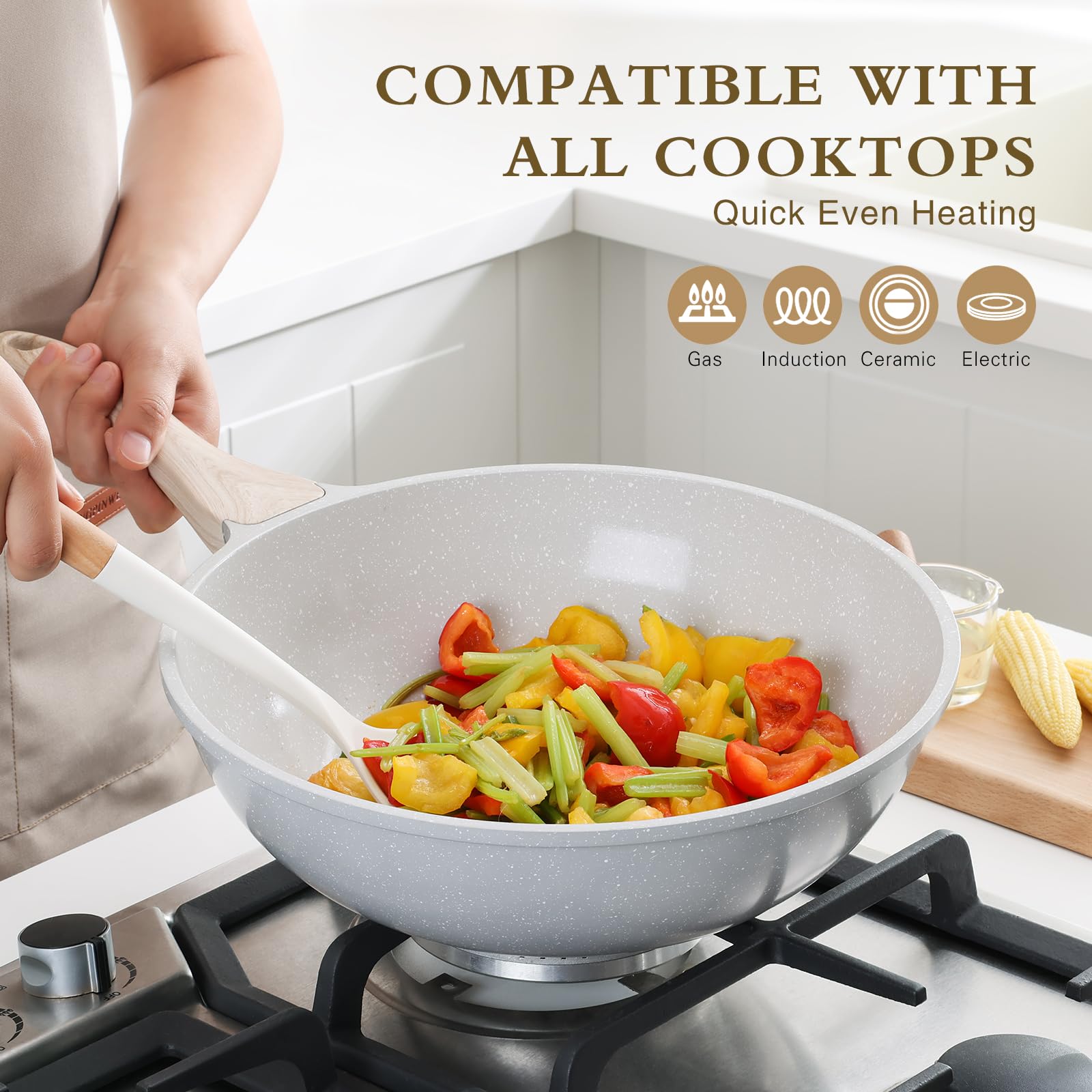 Kordisen Ceramic Wok Pan, 12 Inch Nonstick Wok with Lid, Healthy Non Toxic Woks & Stir-fry Pans for Cooking, Induction Cookware, PFOA & PFAS Free (Grey)
