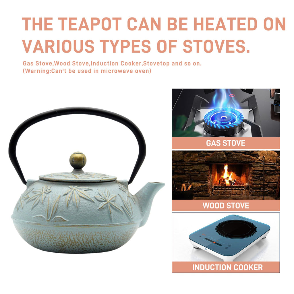 SECHUDO Cast Iron Teapot Tea Kettle with Stainless Steel Infuser for Stovetop Safe Coated with Enameled Interior Japanese Tetsubin with Maple Leaves Pattern(30.4oz/900ml) (Color-5)