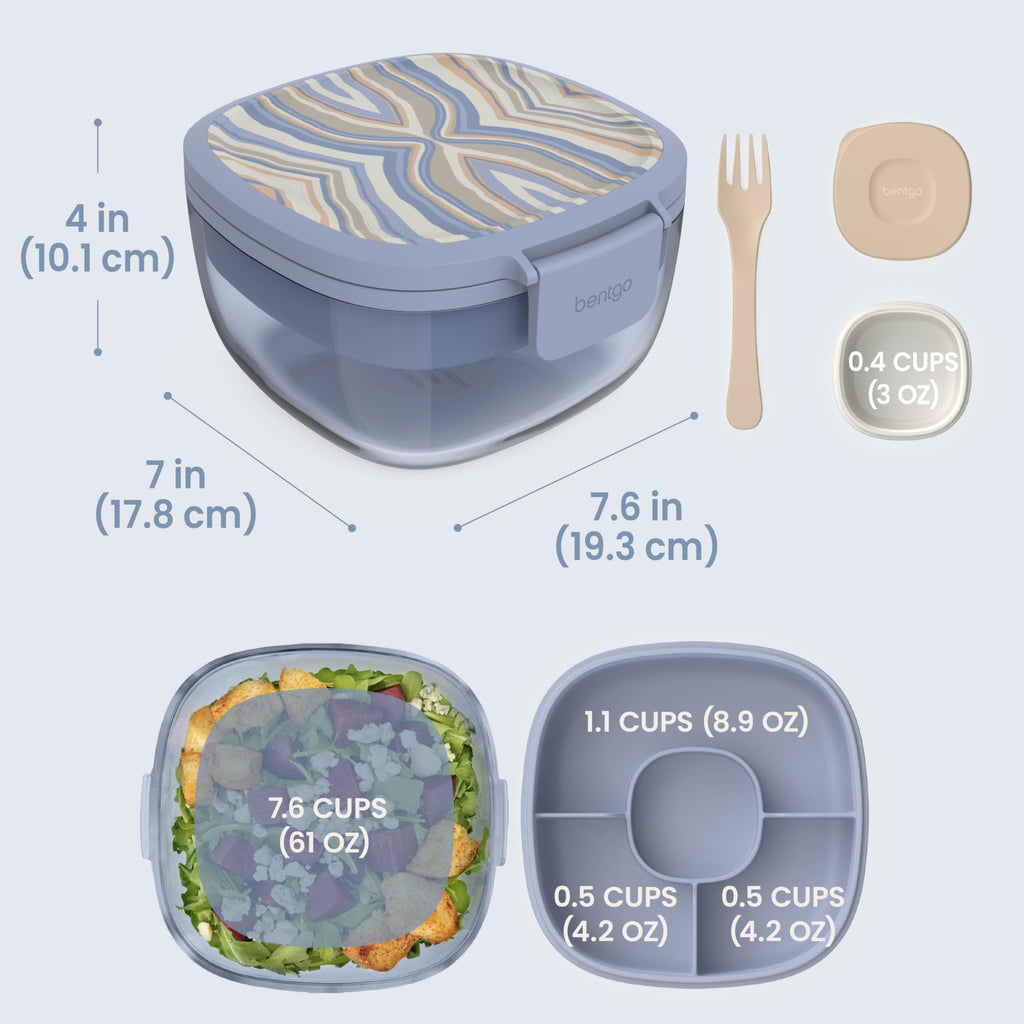 Bentgo Glass Salad Container, 7.6-Cup, 4-Compartment Tray, Reusable Fork