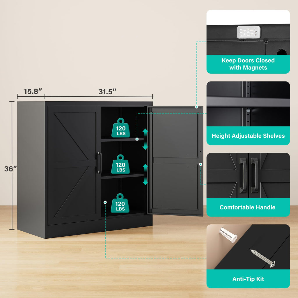 Black Storage Cabinet with Doors and Adjustable Shelves,36" Tall Farmhouse Food Pantry Cabinets,Small Sideboard Cabinet,Short Metal Storage Cabinets for Home Kitchen,Dining/Living/Laundry/Room