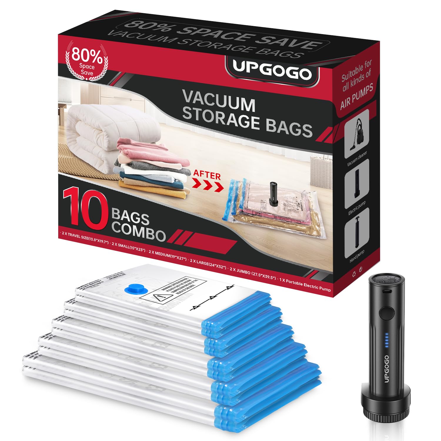 UPGOGO Vacuum Storage Bags with Portable Electric Pump,Vacuum Seal Bags for Clothing,Space Saver Bags,Vacuum Travel Bags for Luggage(Combo 10 Pack)