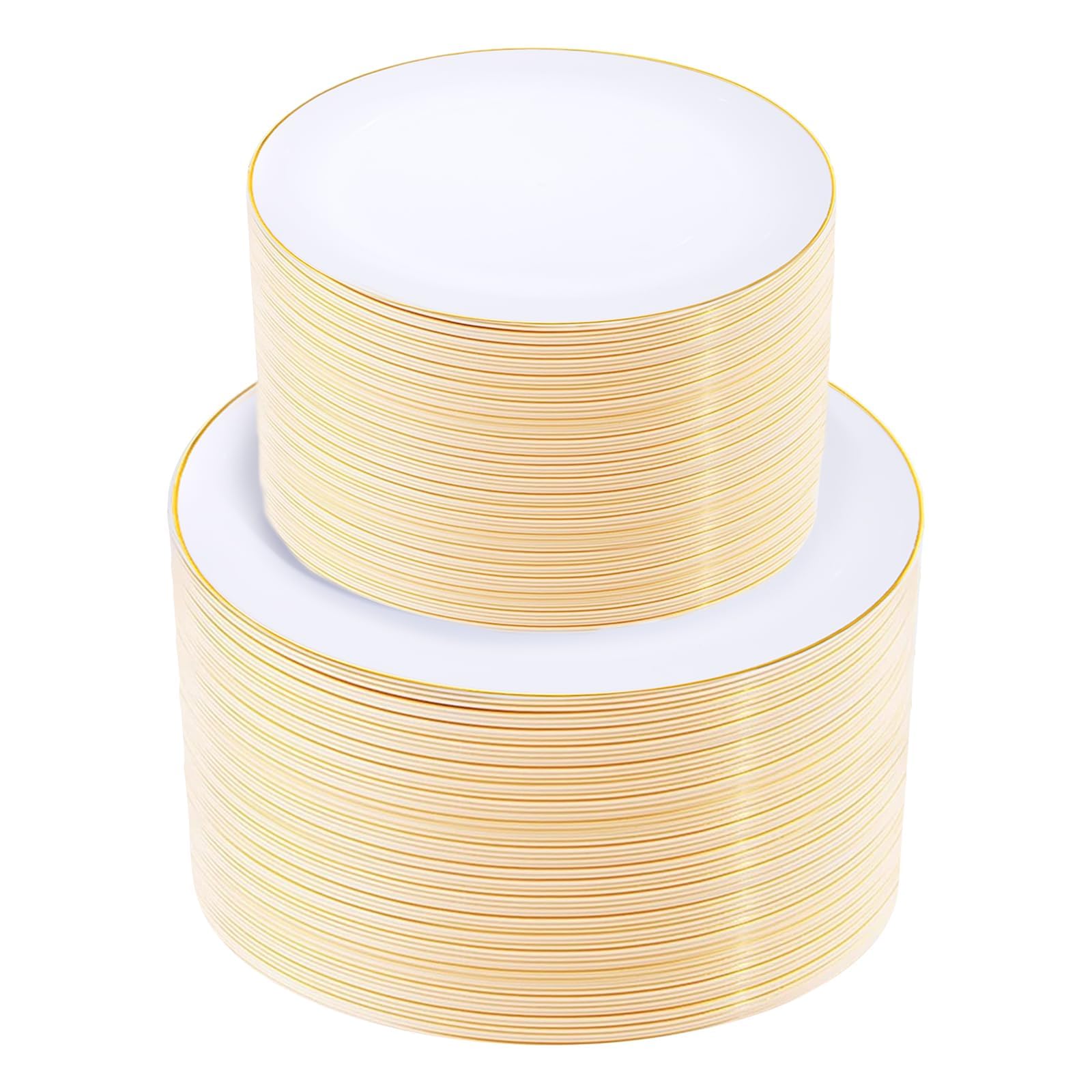 KIRE 200PCS Gold Plastic Plates - Disposable Plates for Party - White Plastic Plates with Gold Rim Include 100 for Dinner and 100 for Dessert/Salad in Wedding/Party