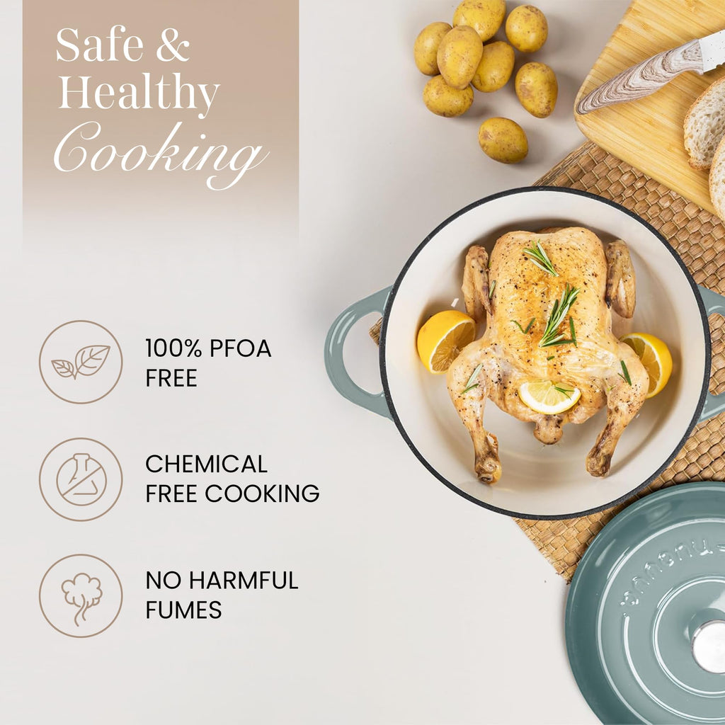 Nuovva Enamelled Cast Iron Dutch Oven Pot with Lid 6.4 Quart Non Stick Casserole Pot-Heavy Duty & Oven Safe up to 500° F for Bread Baking, Braising, Stews, Roasting - 28cm Sea Salt