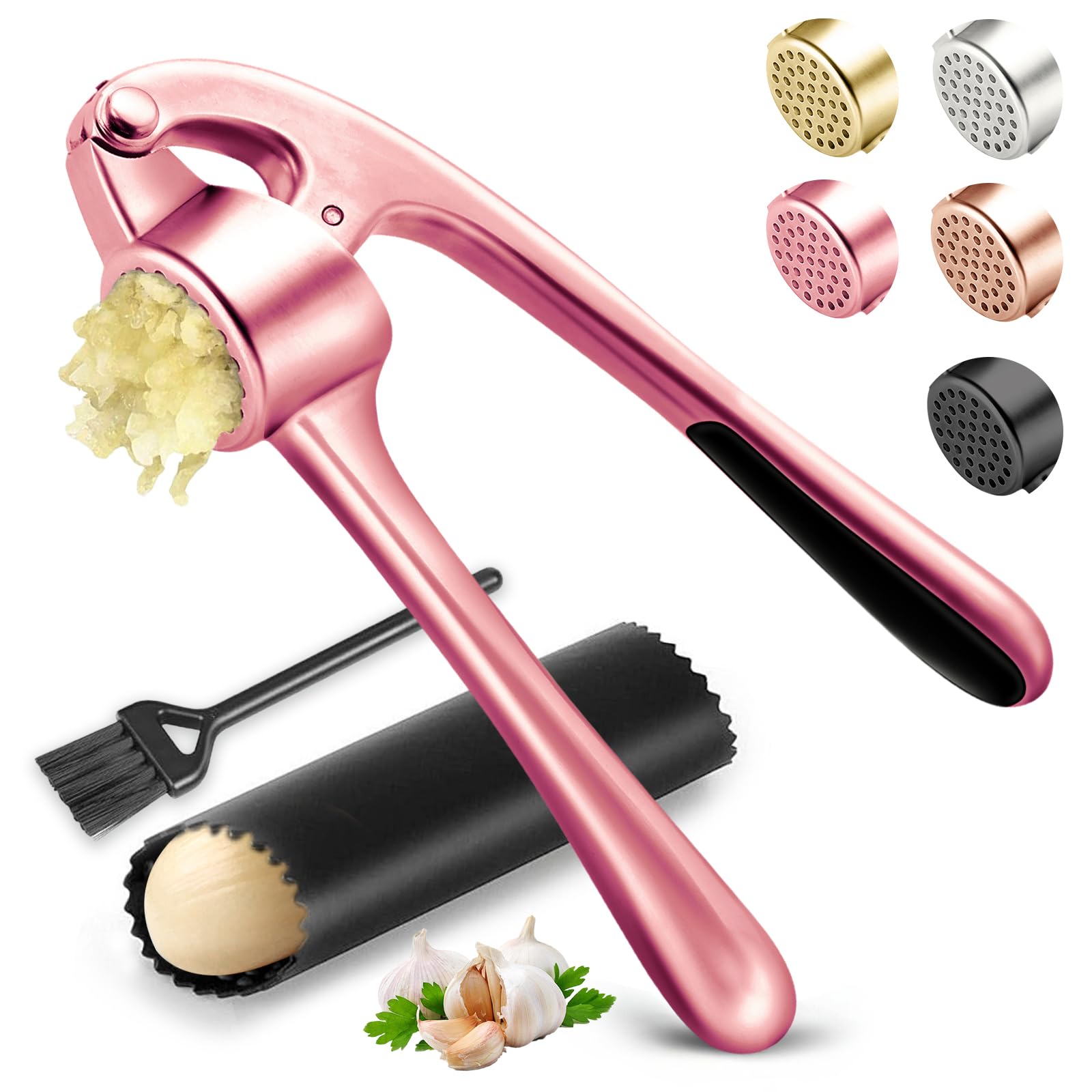 Kitchen Garlic Press, Rust Proof & Dishwasher Safe Garlic Mincer, Durable Garlic Crusher Set with Peeler＆Brush, Easy to Clean and Squeeze, Rose