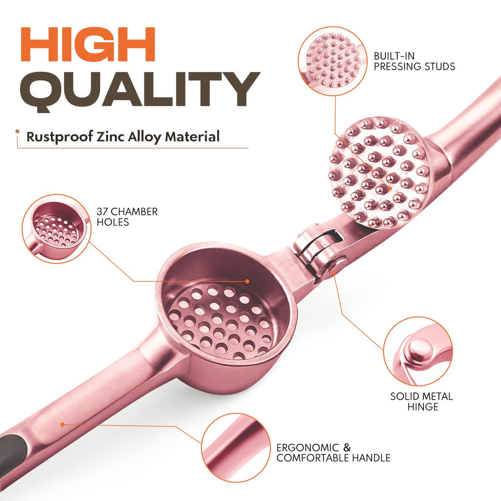 Kitchen Garlic Press, Rust Proof & Dishwasher Safe Garlic Mincer, Durable Garlic Crusher Set with Peeler＆Brush, Easy to Clean and Squeeze, Rose
