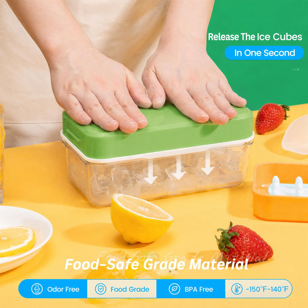PHINOX Ice Cube Tray with Lid and Bin, Easy Release 28 Cubes for Freezer